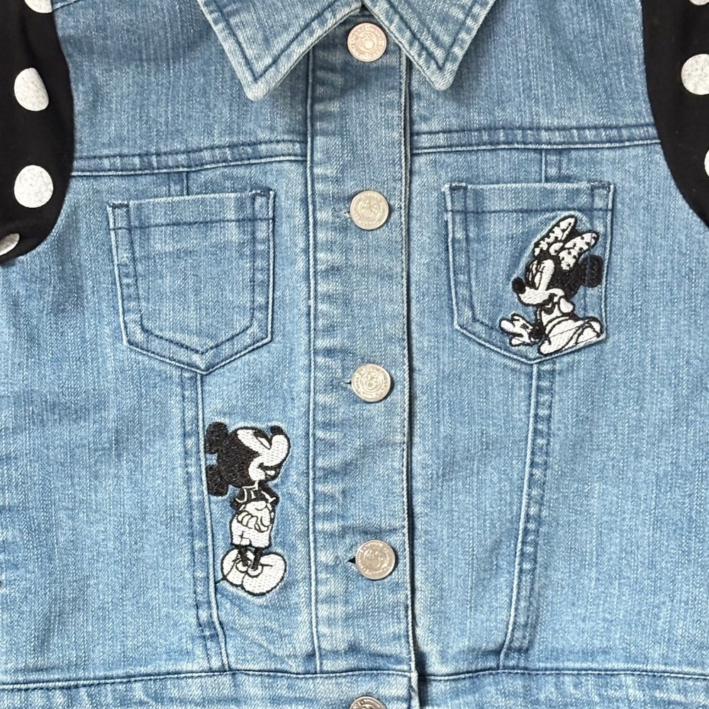 Disney Minnie Mouse Jean Denim Jacket White Polka Dots Minnie Ears Bow Hood 2T - Picture 3 of 11